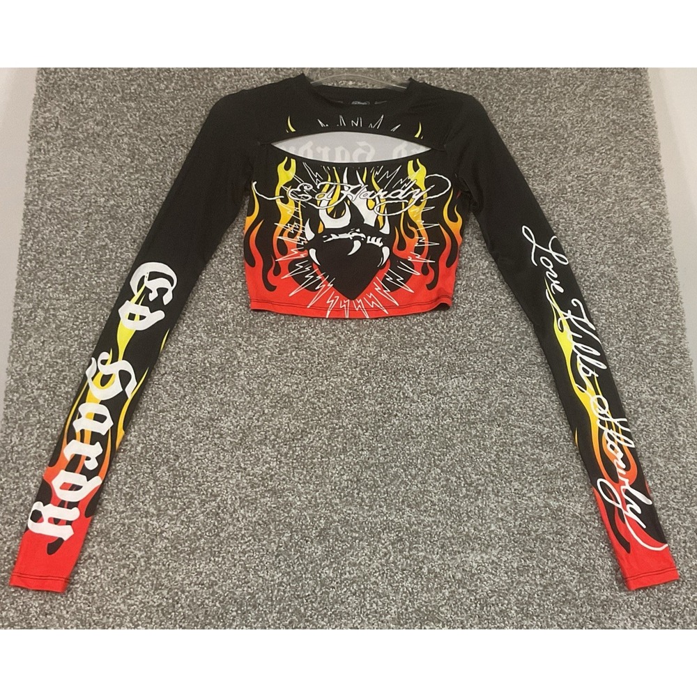 Ed Hardy Womens XS Black Tattoo Love Graphic Print Long Sleeve Cut Out Crop Top